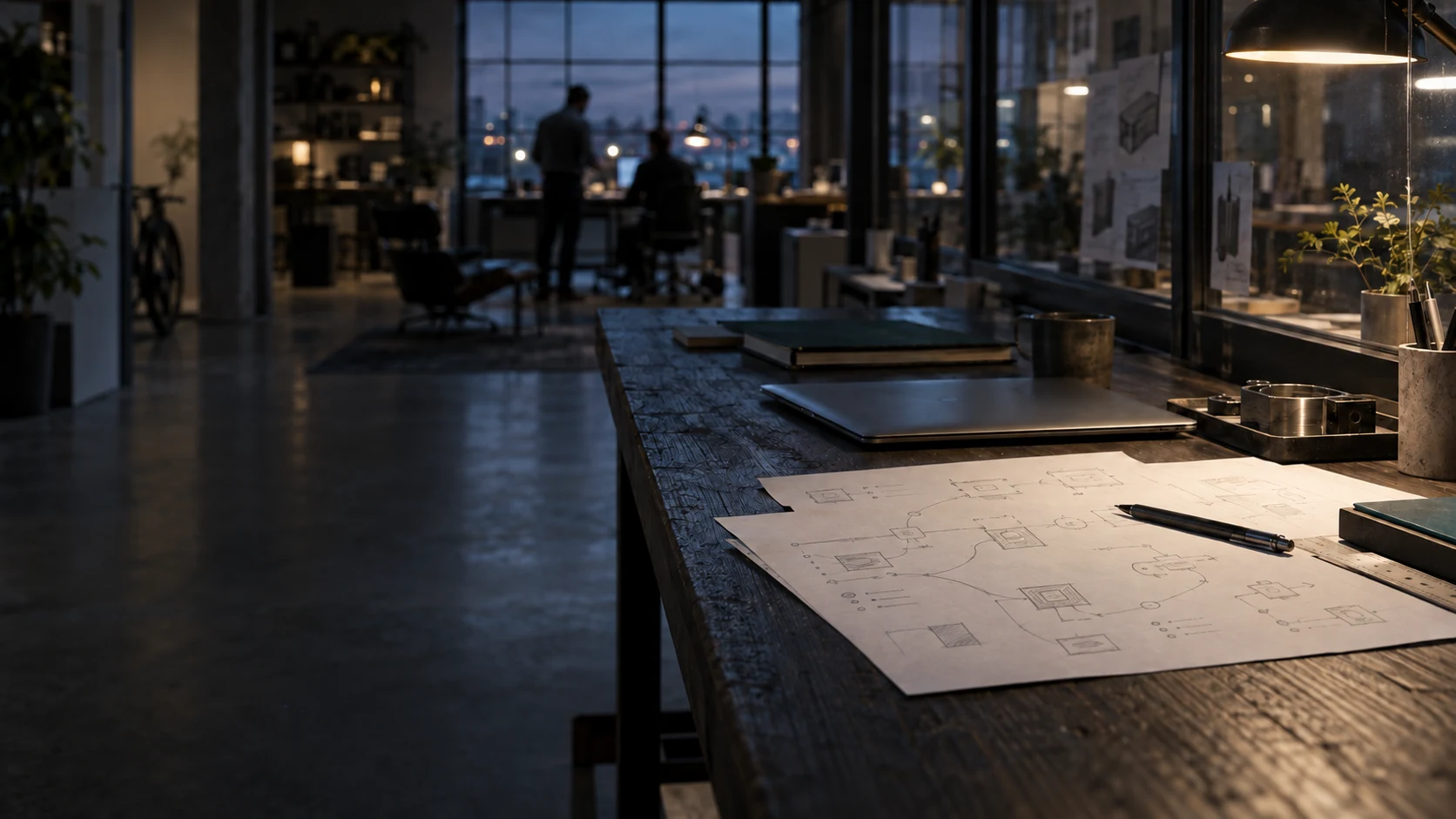 Photographic illustration of a working studio at dusk: notes and a laptop in the foreground, two colleagues out of focus.
