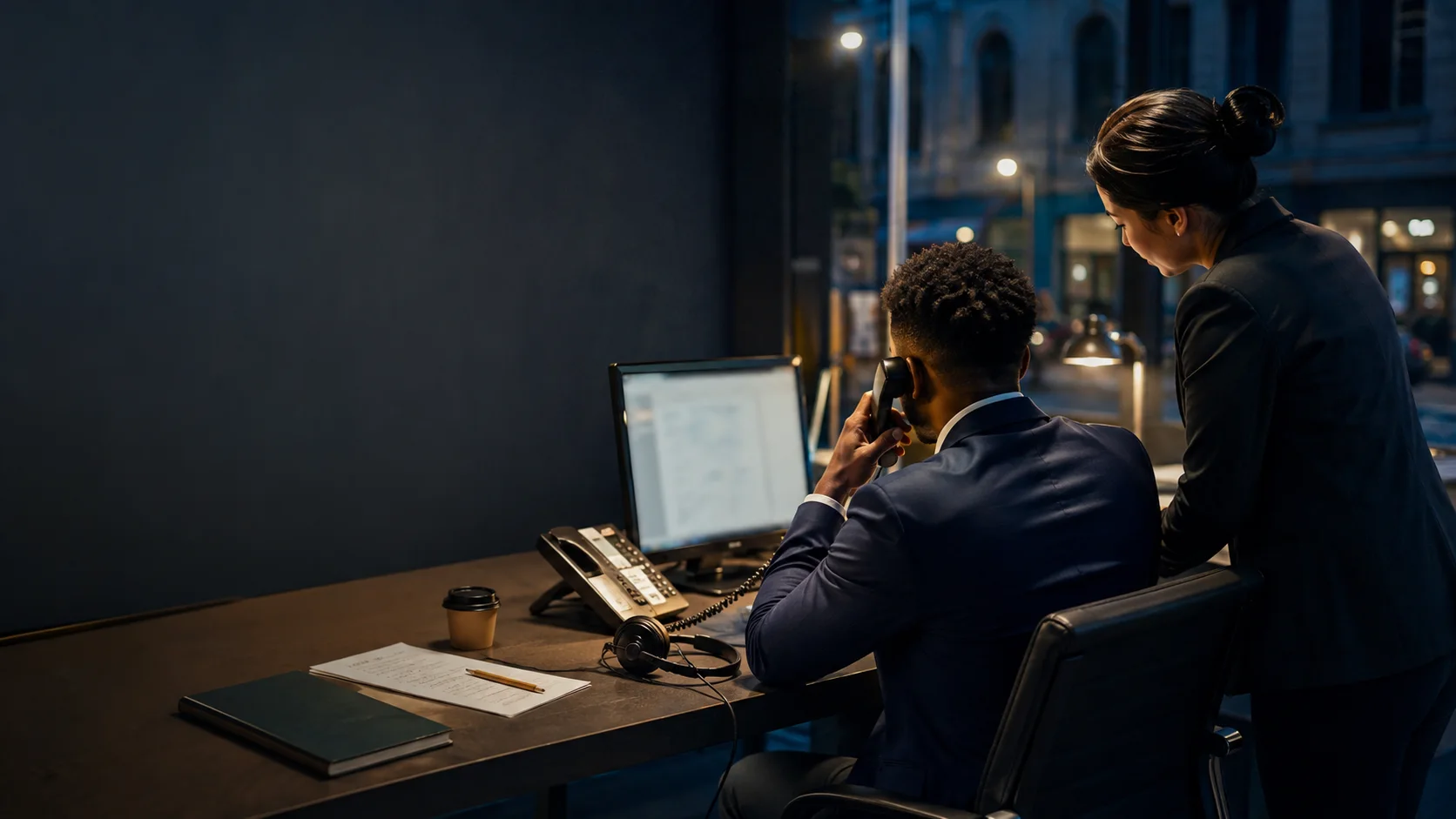 An operator answers a guest at a hospitality desk at blue hour while a colleague reviews the screen beside them.