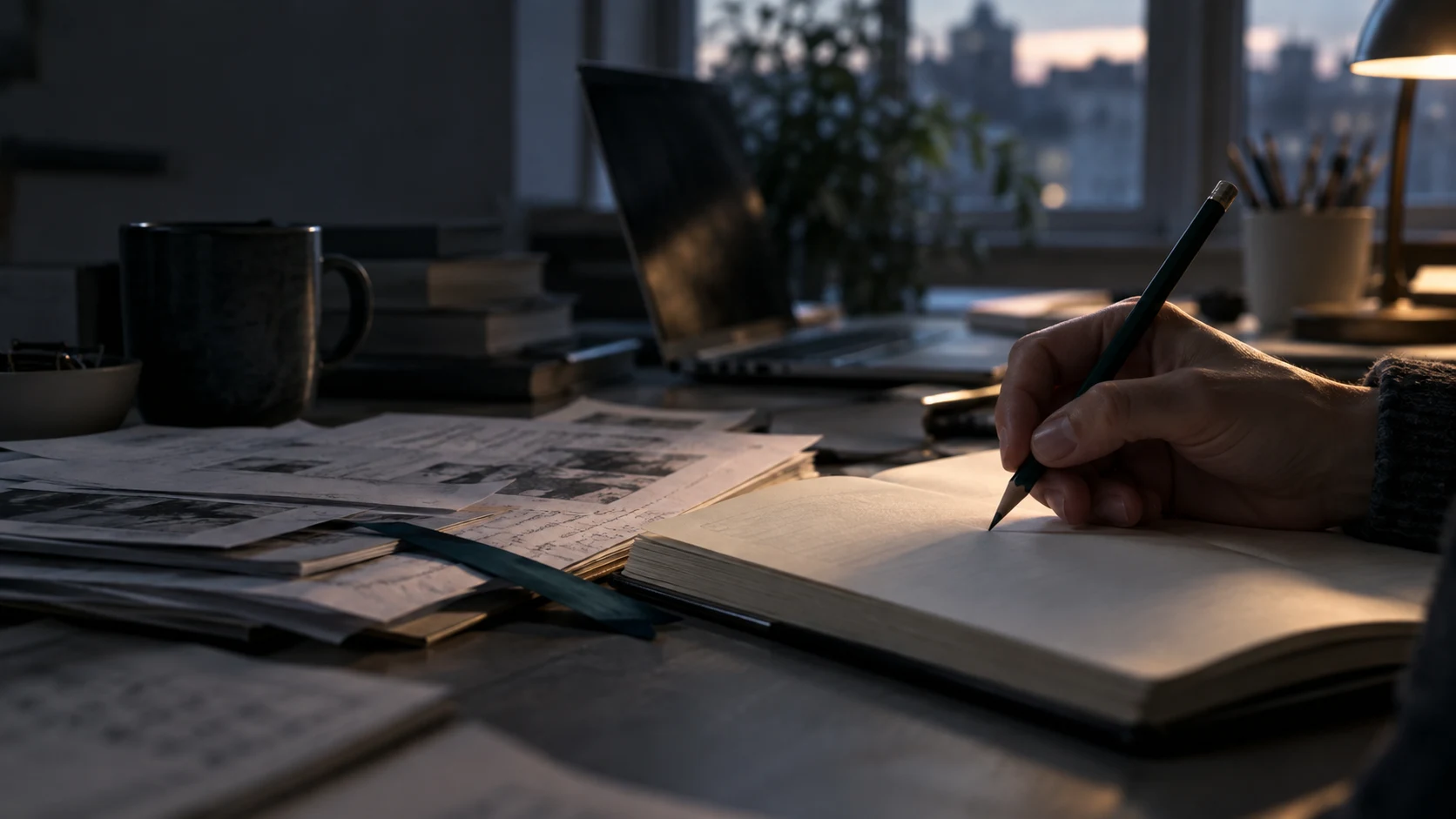 Illustration photographique d’un crayon en suspens au-dessus d’un carnet, à côté de pages de référence.