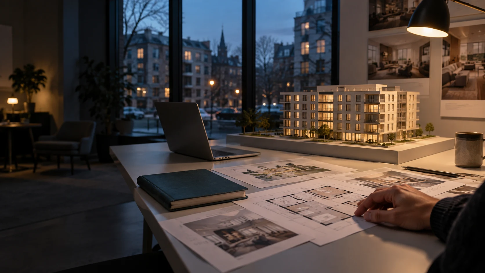 Photographic illustration of a property model and floor plans in a quiet sales showroom.