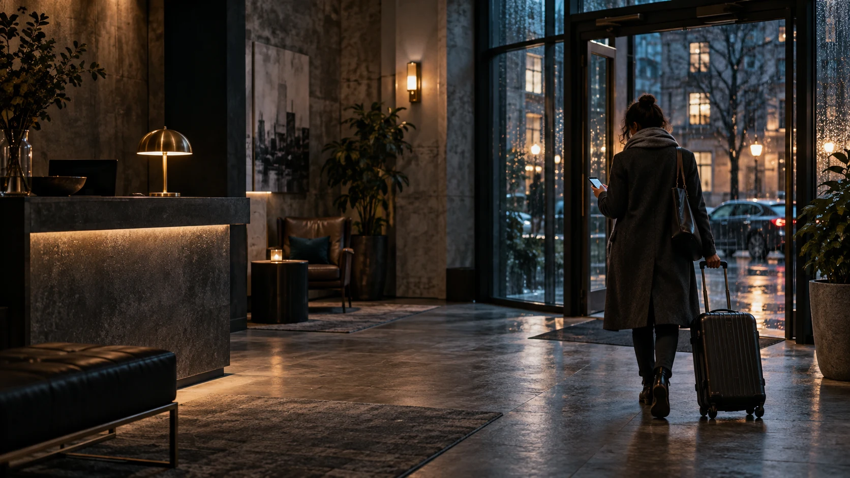 Illustrative late-night arrival in an anonymous apartment-hotel lobby.