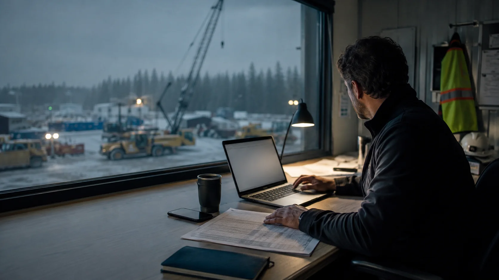 Un chef de programme à un bureau de chantier, avec un portable ouvert, un échéancier imprimé et un téléphone; l'opération est visible par la fenêtre.