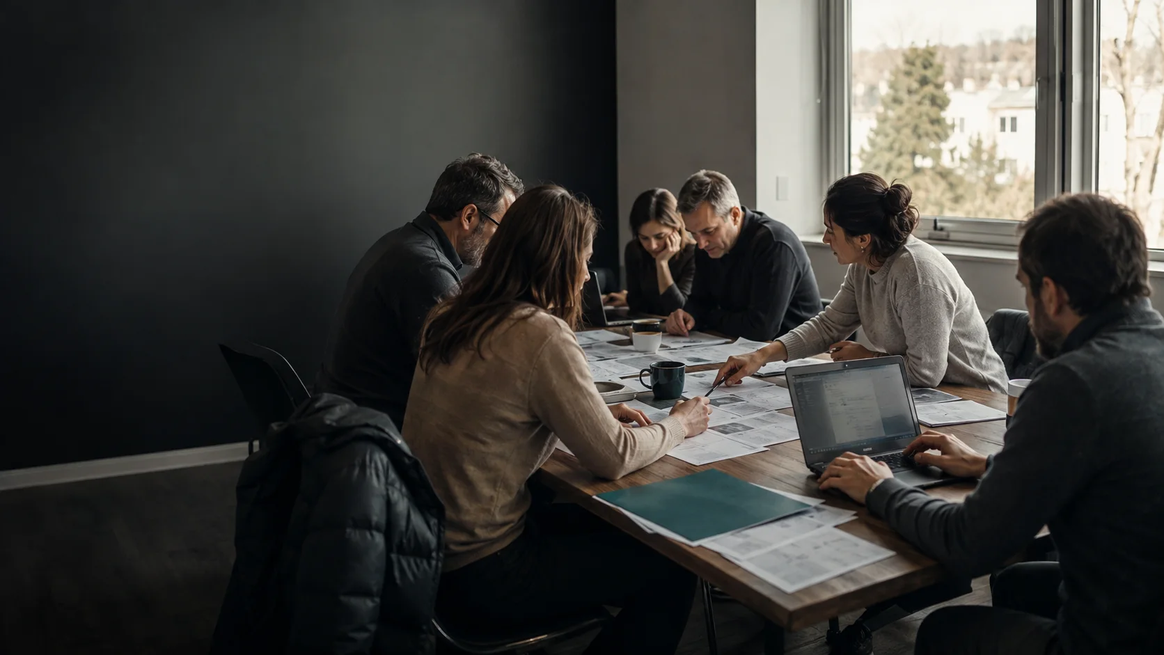 Une équipe réunie autour d'une table de travail revoit ses propres documents imprimés à côté de deux portables ouverts, pendant qu'un coach pointe une page.